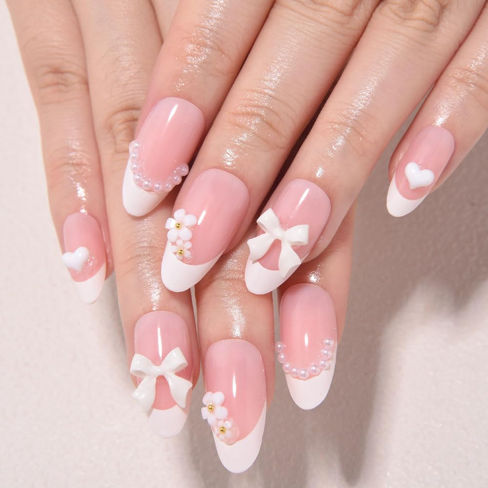 White French Tips Press on Nails, Irregular Gold 3D Lines with Flower & Pearl Design, Reusable Salon Quality Acrylic False Nails for Women, Glue On Nails with Adhesive Tabs for Daily Wear