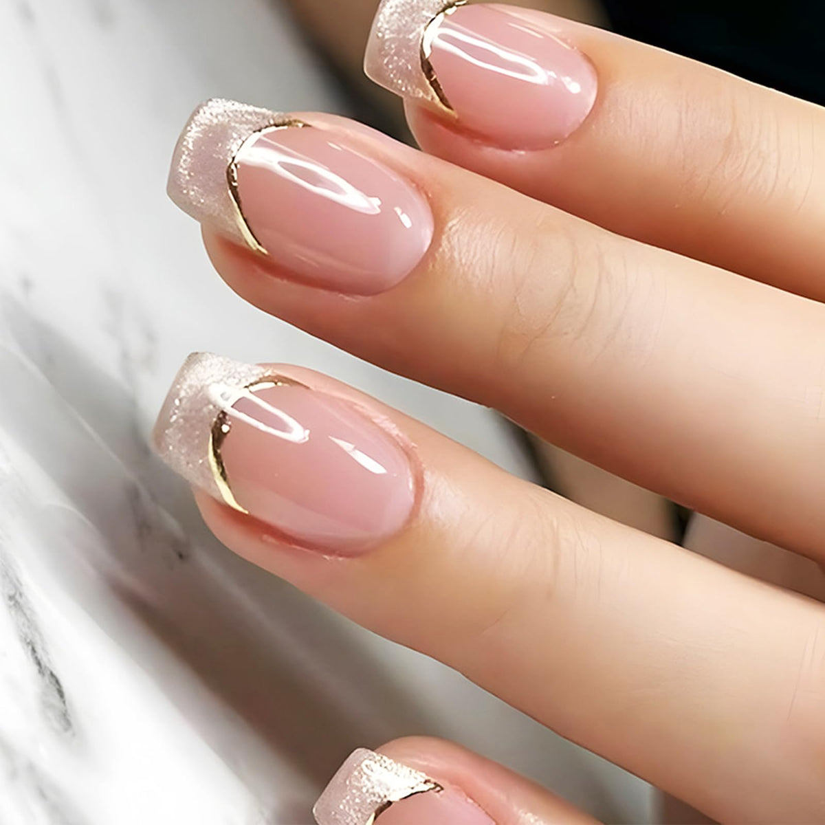 White French Tips Press on Nails 24Pcs Glossy Silver Glitter Acrylic Fake Nails Sparkly False Nail Milky Way Gel Glue on Nail Stars Stick on Medium Square Fingernails for Coquette Women Girls