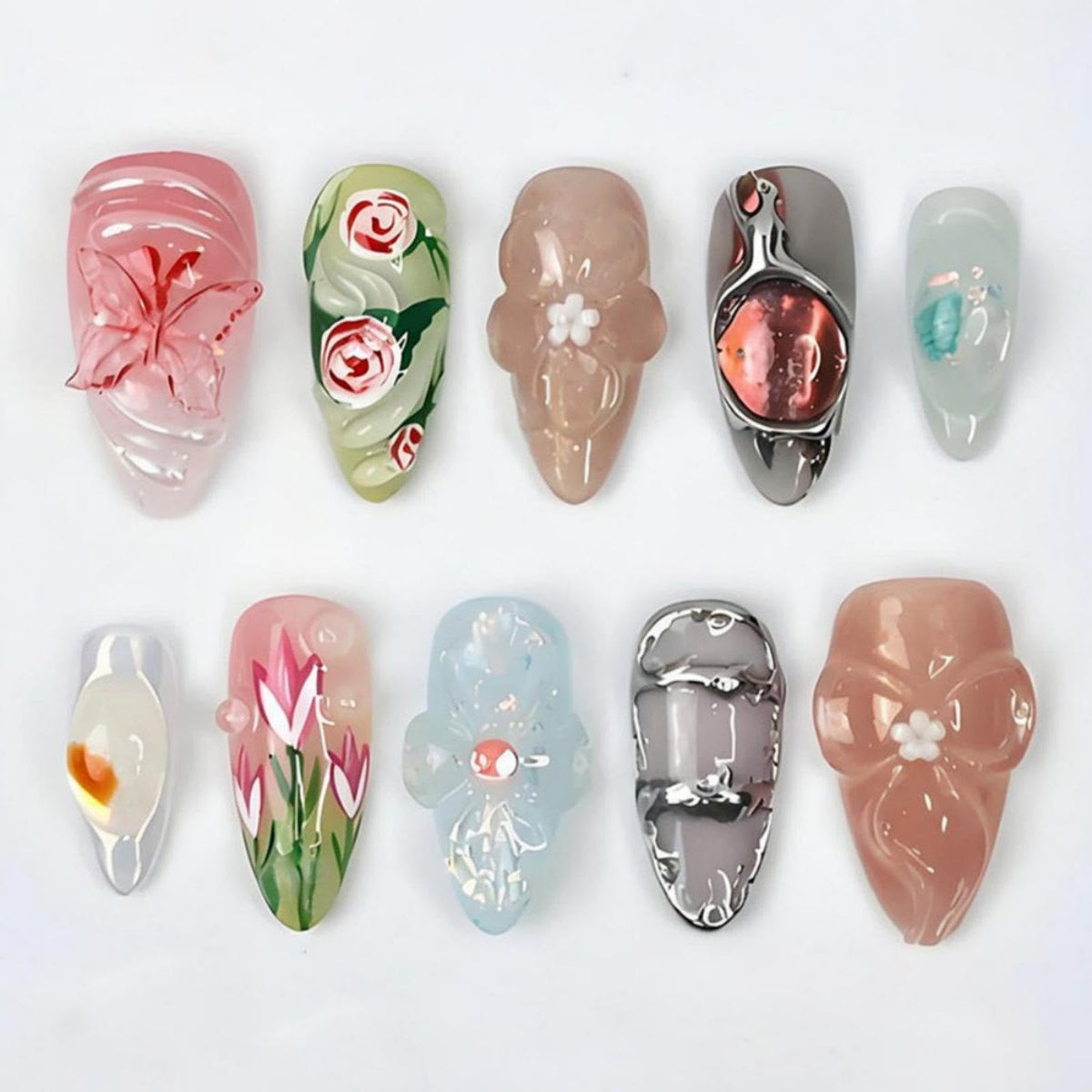 Almond Press on Nails Medium Fake Nails with 5D Metal Lines Charm Design Glossy Pink Nails Press on Curve Glue on Nails Reusable Luxury Silver Beads Acrylic Nail for Women 24Pcs