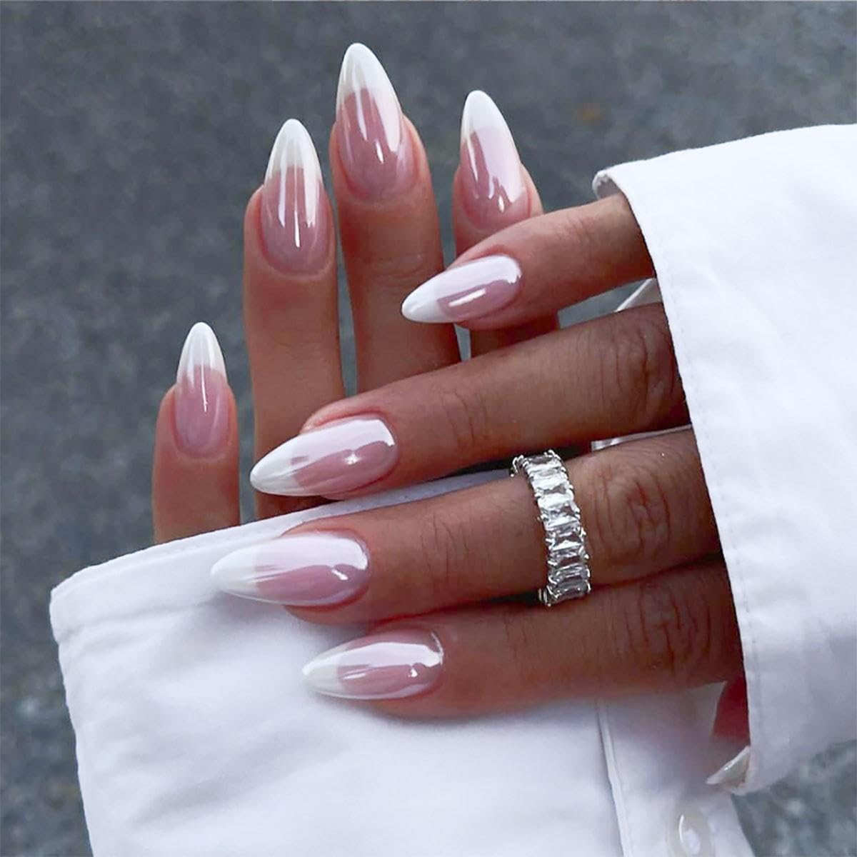 Almond Press on Nails Medium Fake Nails with 5D Metal Lines Charm Design Glossy Pink Nails Press on Curve Glue on Nails Reusable Luxury Silver Beads Acrylic Nail for Women 24Pcs