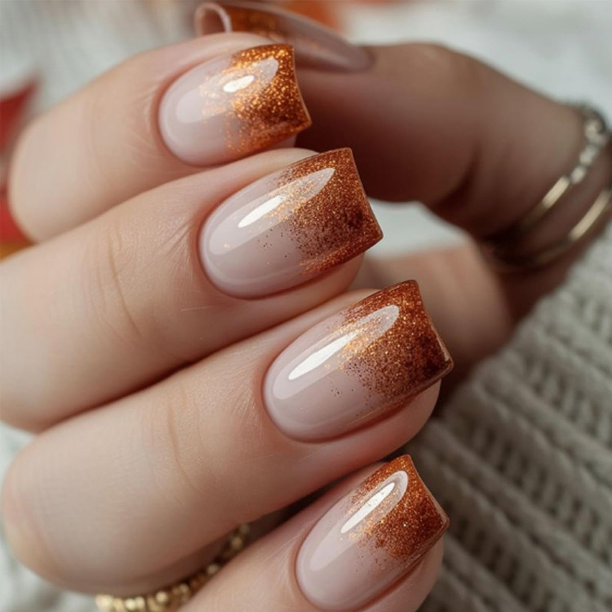 Glossy Nude Gold French Tip Press On Nails Short Almond, 30 PCS