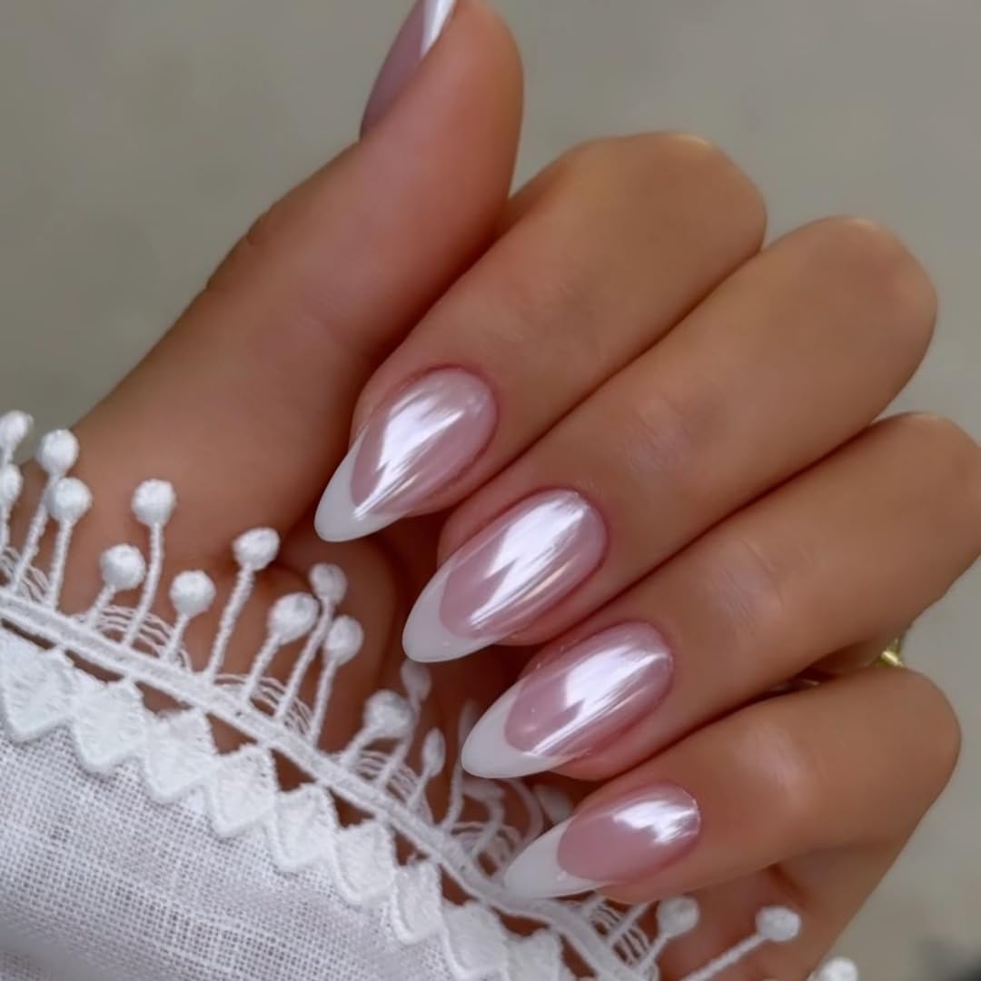 White French Tip Press On Nails Almond - KQueenest Chrome Press On Nails Medium, Glazed Natural Light Nude Fake Nails Press on, Reusable Glue on Nails Stick On Nail for Women Bridal Wedding