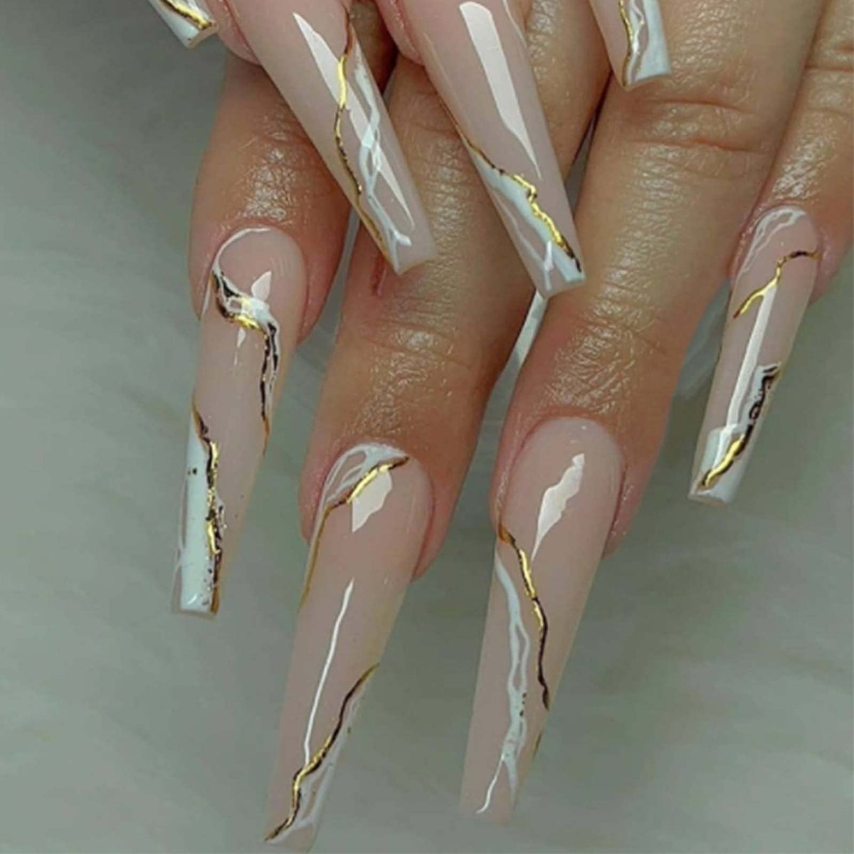 Long Press on Nails Square French Fake Nails Full Cover Nude Acrylic False Nails for Women and Girls 24PCS (Gold Shiny)