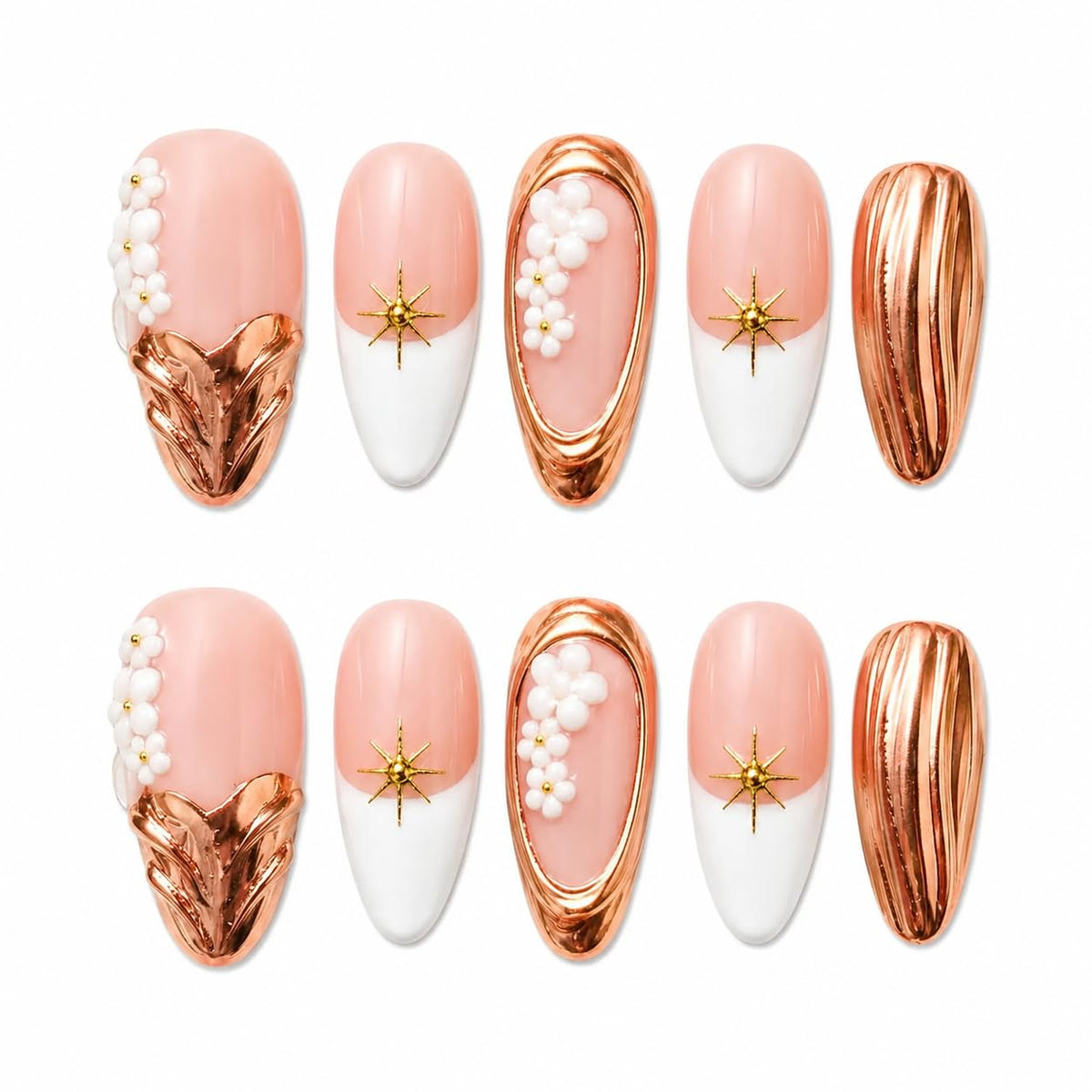 Luxury Handmade Press on Nails Long Stiletto Acrylic Fake Nails with Rhinestone Pearl Designs Glossy Full Cover Reusable Stick on Nails for Women Manicure 10Pcs