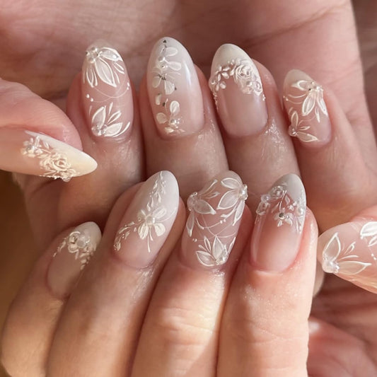 Medium Almomnd Press on Nails - Elegant White Floral Bridal Fake Nails