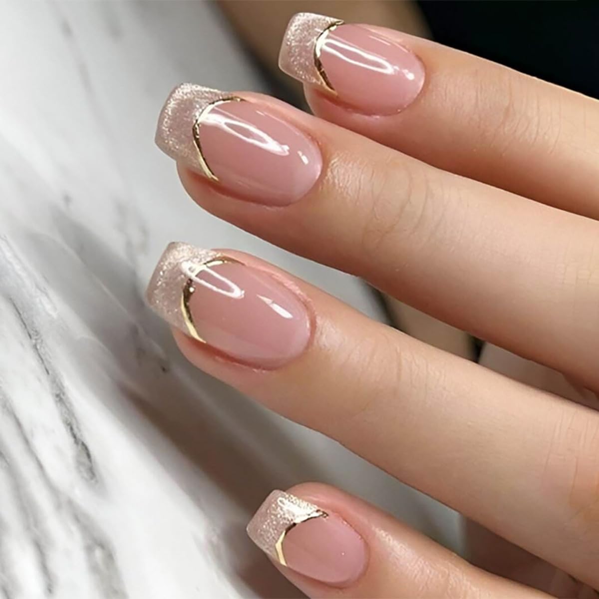 Milky White Press on Nails Medium Square, Pearls Deco Design, 24Pcs