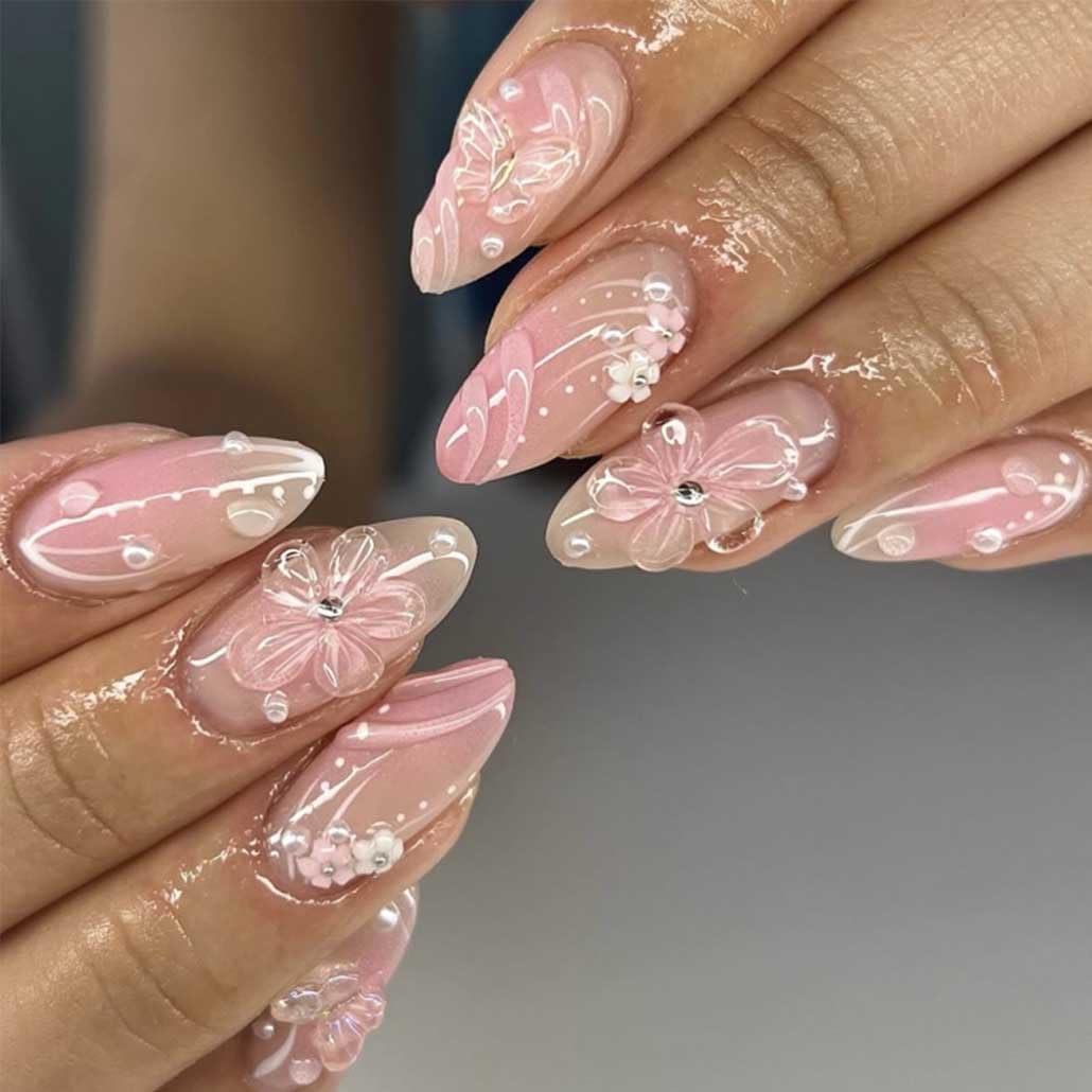 Foccna Press on Nails French Medium, Pearl White Fake Nails Almond Acrylic False Nails,Artificial Glue on Nails for Women 24pcs