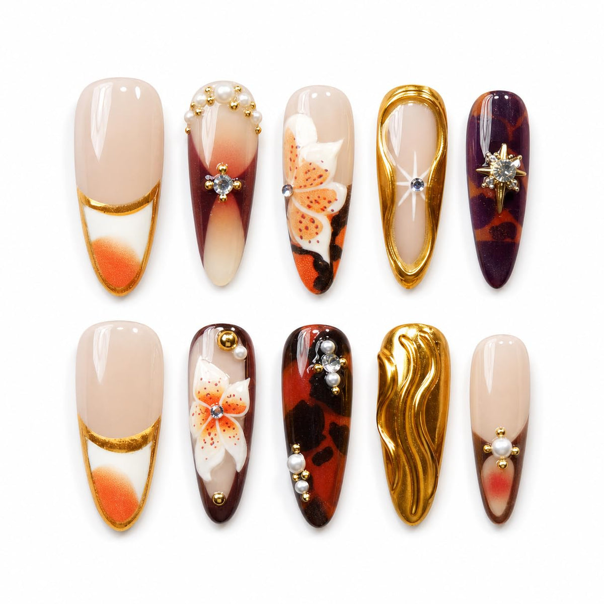 10pcs 3D Metallic Press on Nails Long Almond Handmade, Luxury Ornate Textured False Nails with Gold Silver Chrome Designs, Punk Style Studded Glue on Nails for Women, Gothic Avant-Garde Acrylic Nails