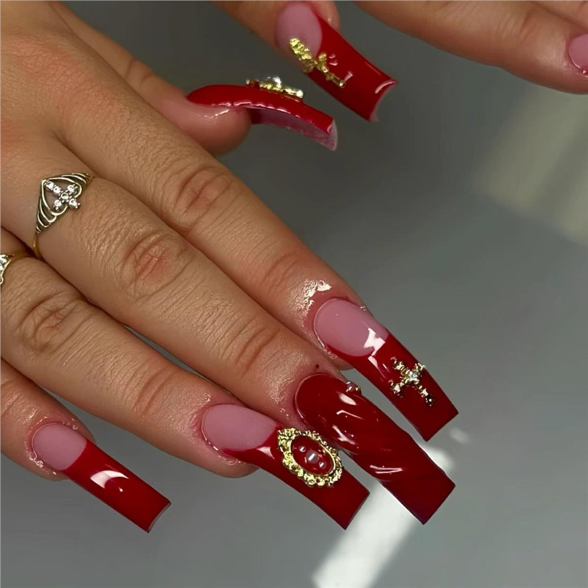 IMSOHOT Luxury Handmade Press on Nails Long Square Fake Nails with 3D Flower Designs Glossy Blue French Tips False Nails Full Cover Acrylic Glue Stick on Nails for Women