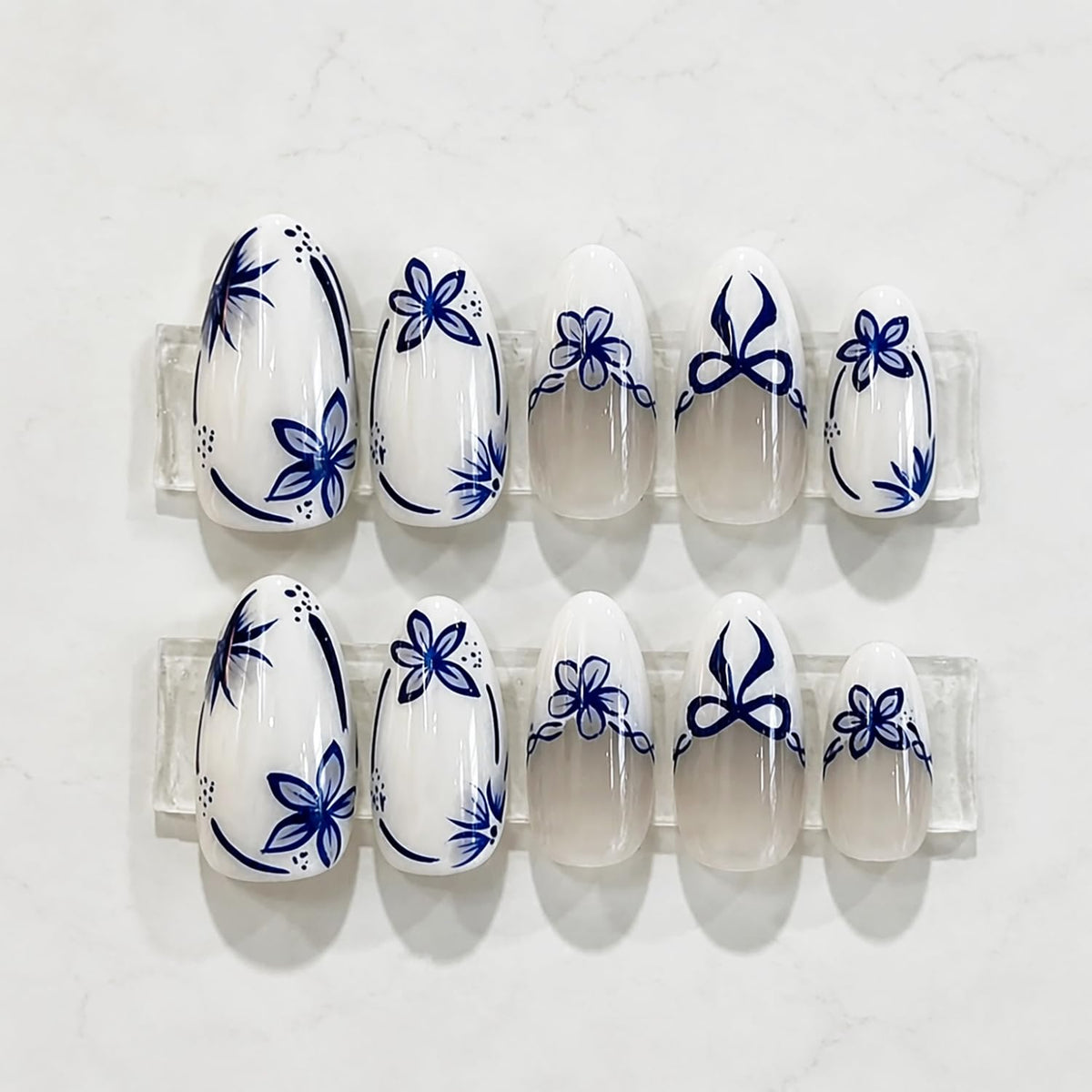 Almond Press on Nails White Flower with Gold Rhinestone Wedding Fake Nails