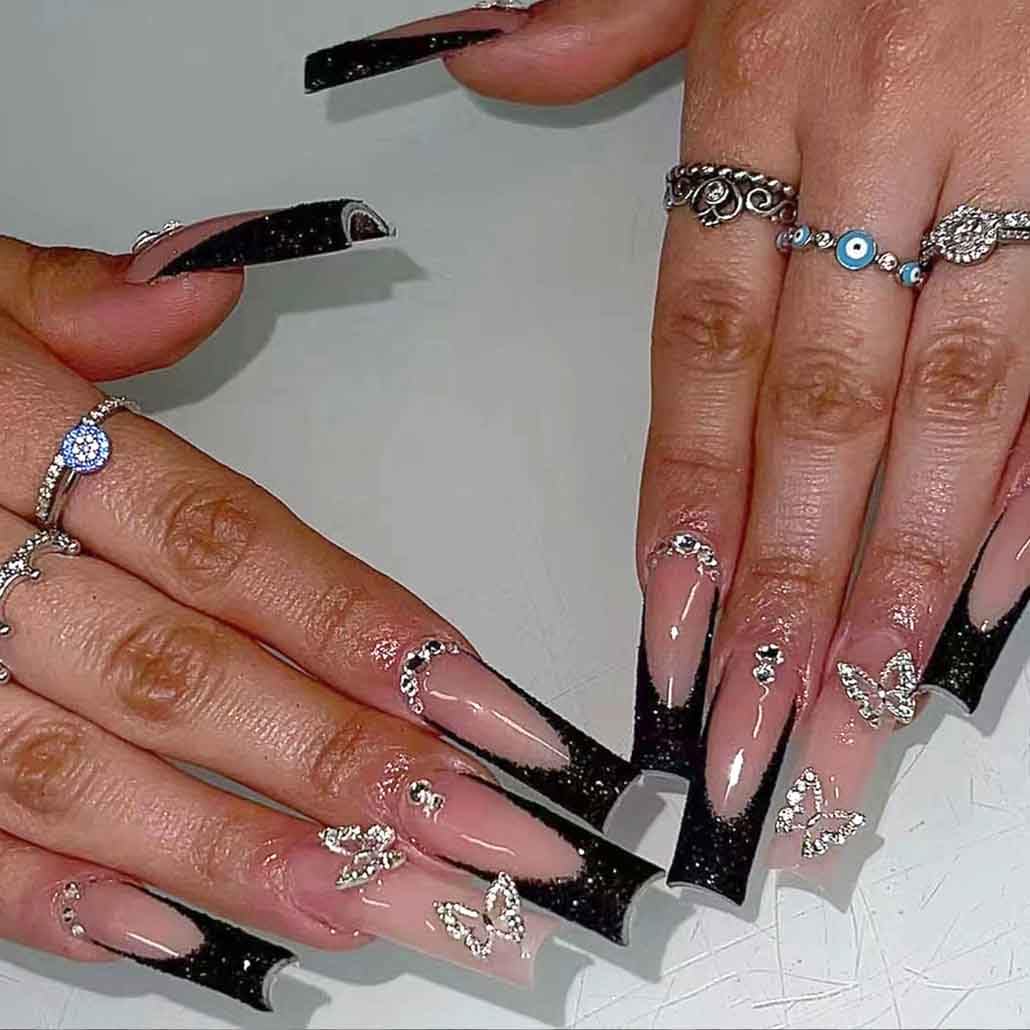 Foccna Press on Nails Almond Fake Nails with Gold Line Design Glue on Nails Acrylic Nails Glossy Full Cover Stick on Nails for Women 24Pcs