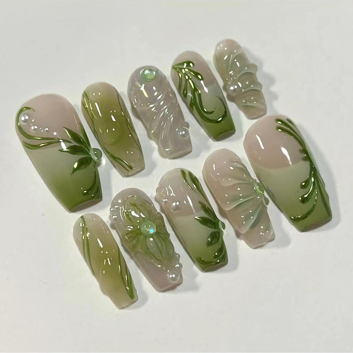 BABALAL Press On Nails Long Square Fake Nails Nude Pink White French Tip Lace Pearl Rhinestone Glossy Bridal Wedding Glue On Nails 24Pcs