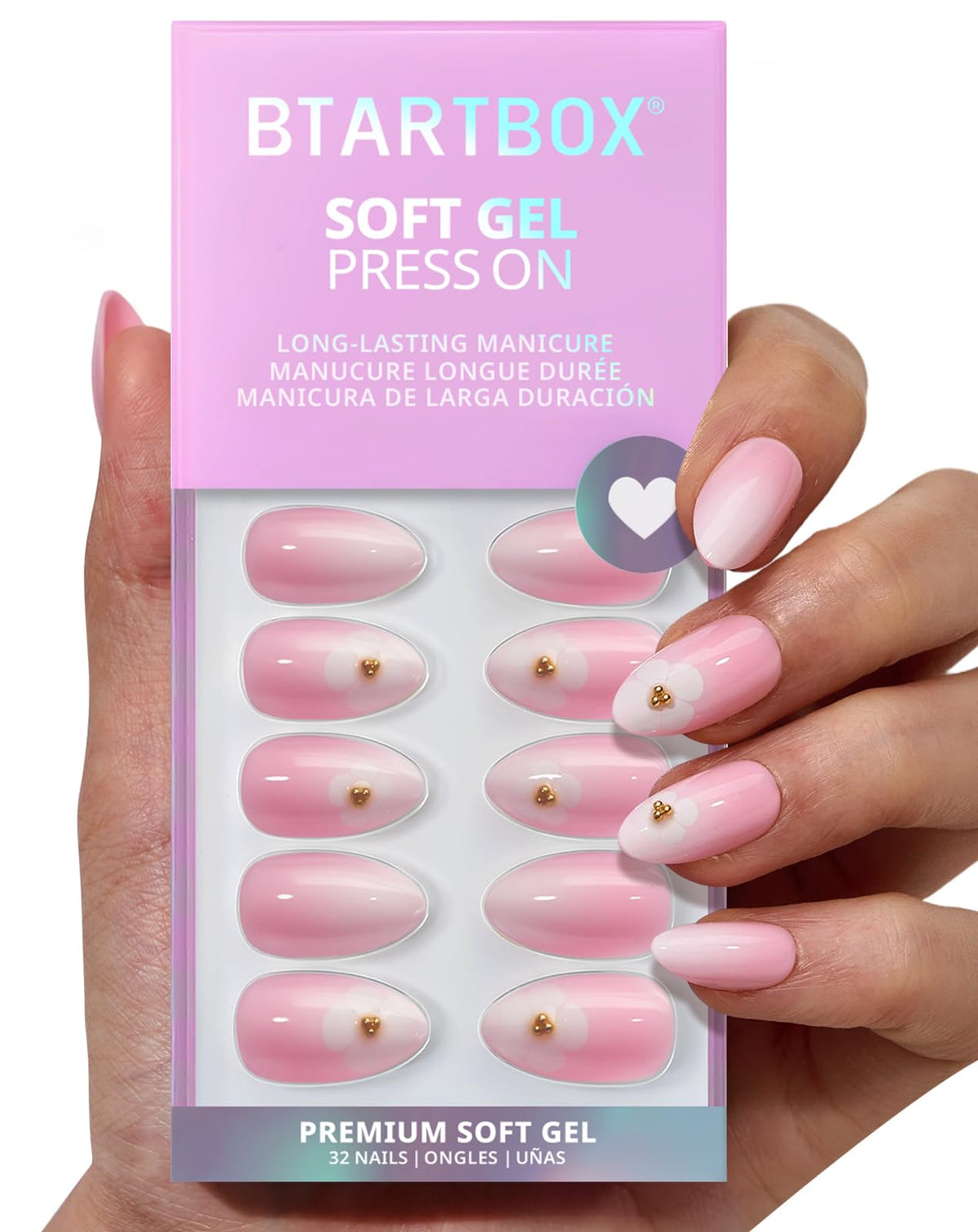 BTArtbox Press On Nails, Extra Short Almond Baby Pink Nails, 32Pcs Full Kit