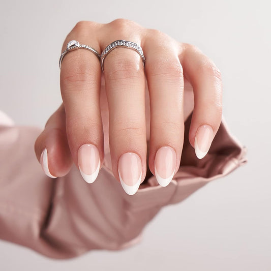BTArtbox Press On Nails, Short Almond French Tip Nails, 32 Pcs Full Kit