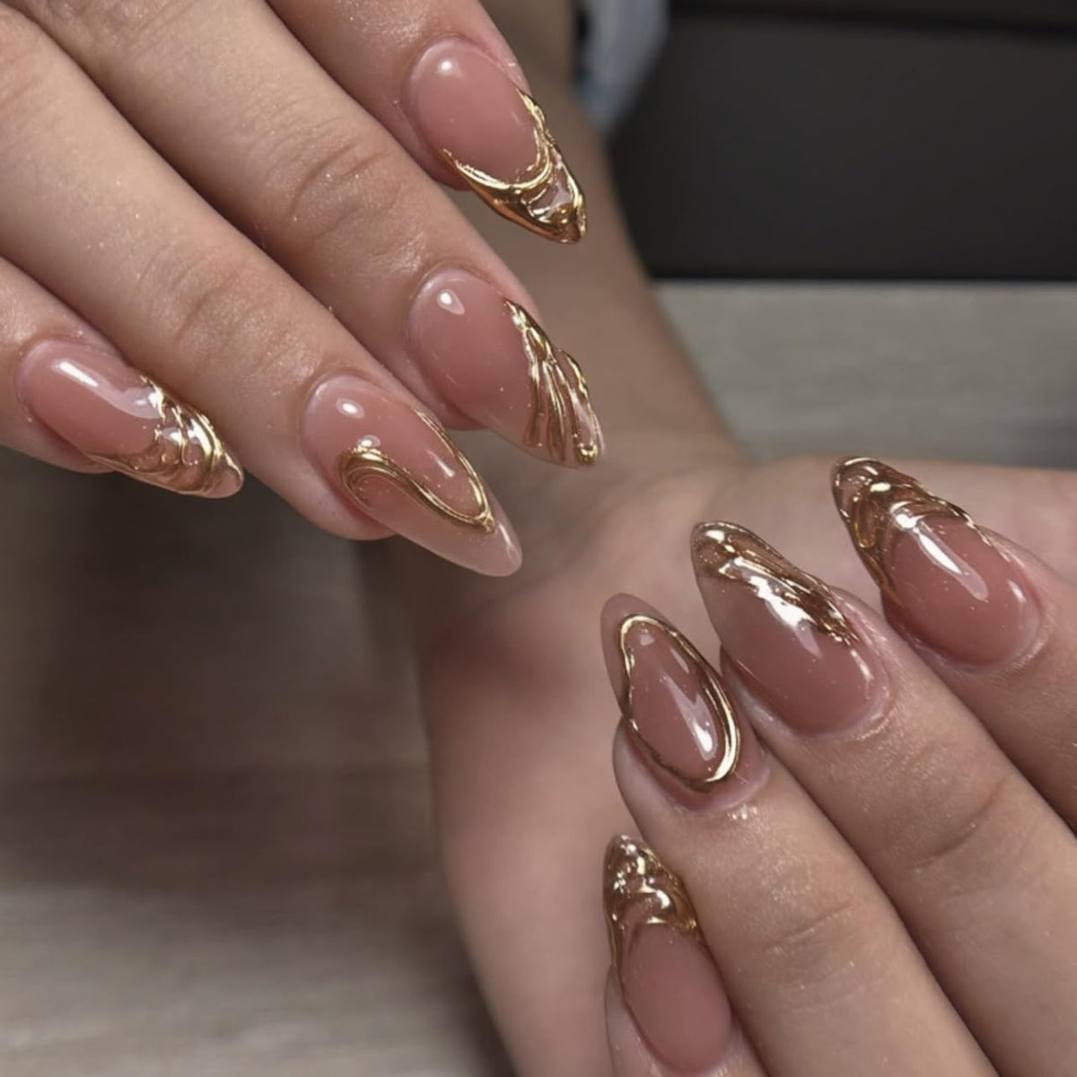 Almond Press on Nails Medium - Fall Fake Nails with Gold Line Design - White Full Cover Stick on False Nails - for Women 24 Pcs