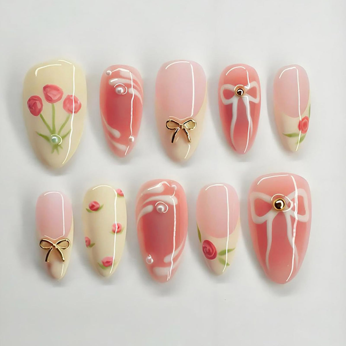 Summer Press on Nails Almond Pink Floral Shell Pearl Gold Dot Fake Women