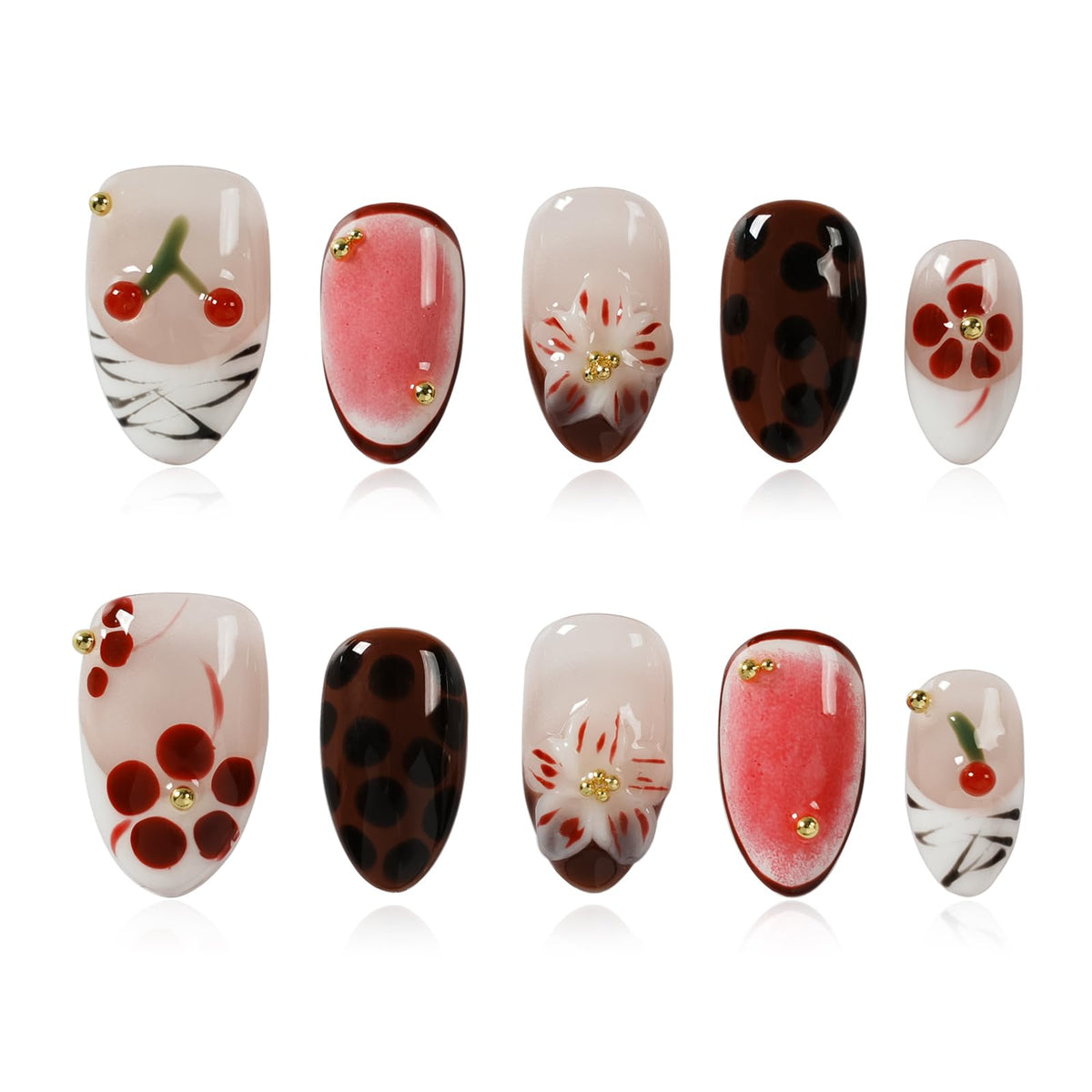 Gothic 3D Floral Press on Nails Medium Almond - Gold Cross & Rhinestone Design, Handmade Pearl Luxury Dark Romantic Reusable Nails (Orange Diamond Sweet Luxury,L)