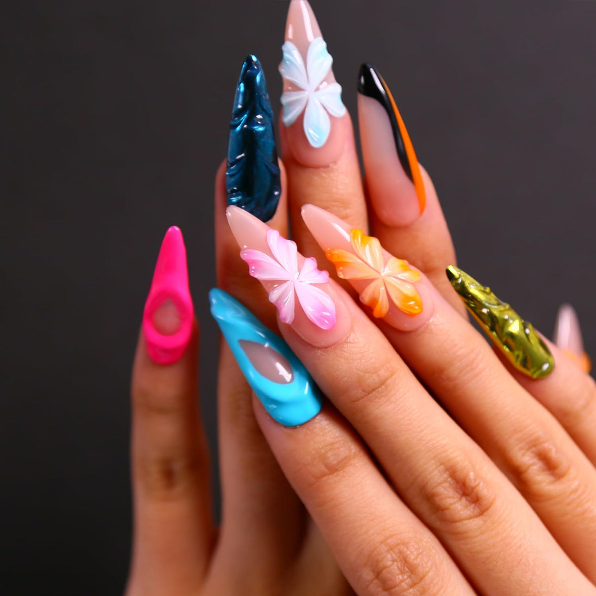 Press on Nails, Handmade Medium Almond Fake Nails, 3D Art False Fingernails with Design Full Cover Fake Nail, Glossy Acrylic Stick on Nails Artificial Nails for Women Manicure 10 Pcs (L)