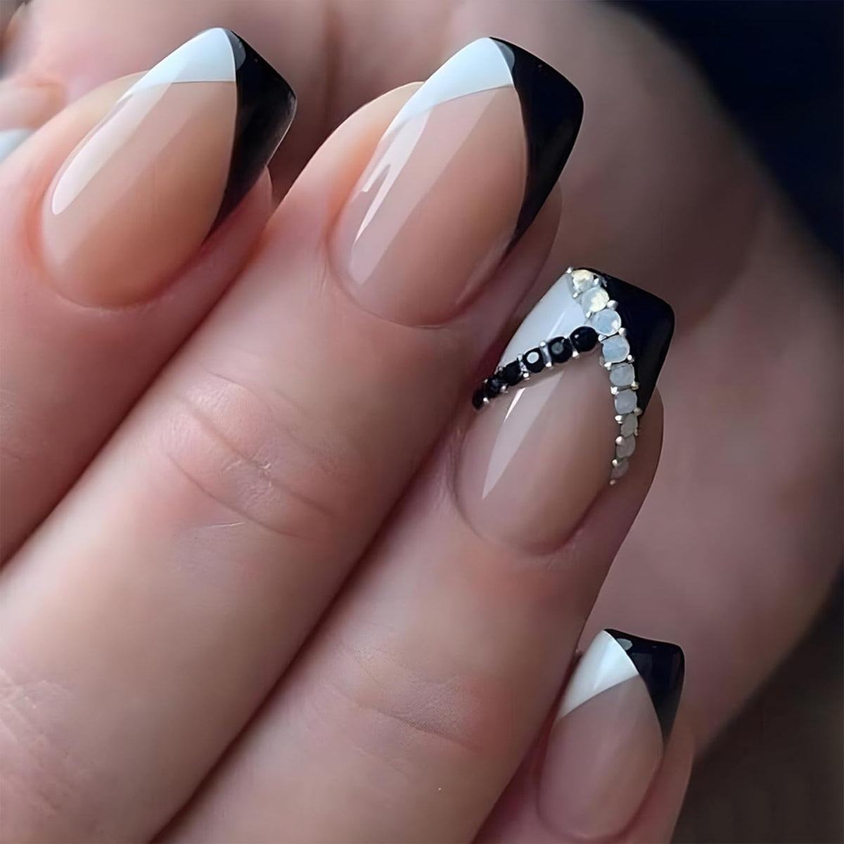 Medium Square Press On Gold Foil False Nails - French Tip, White Tip, Glitter Acrylic - 24 Pcs