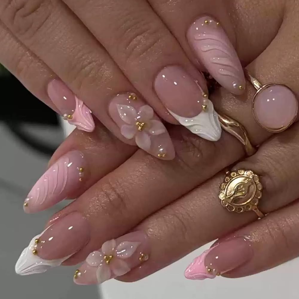 Press On Nails Almond Fake Nails French Tip False Nails Press ons Medium Glue on Nails with Chrome Design for Women Stick on Nail 24Pcs