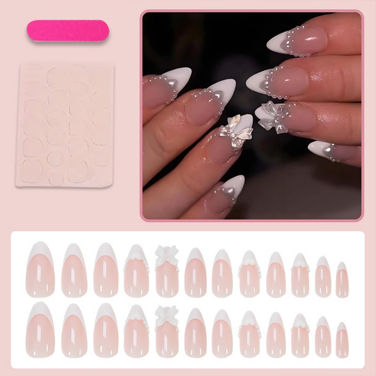24Pcs White French Tip Press on Nails Medium Almond Fake Nails with Heart Pearl Design French Tip False Nails Cute 3D Bow Gems Stick on Nail Full Cover Reusable Glue on Nails for Women Wedding Daily