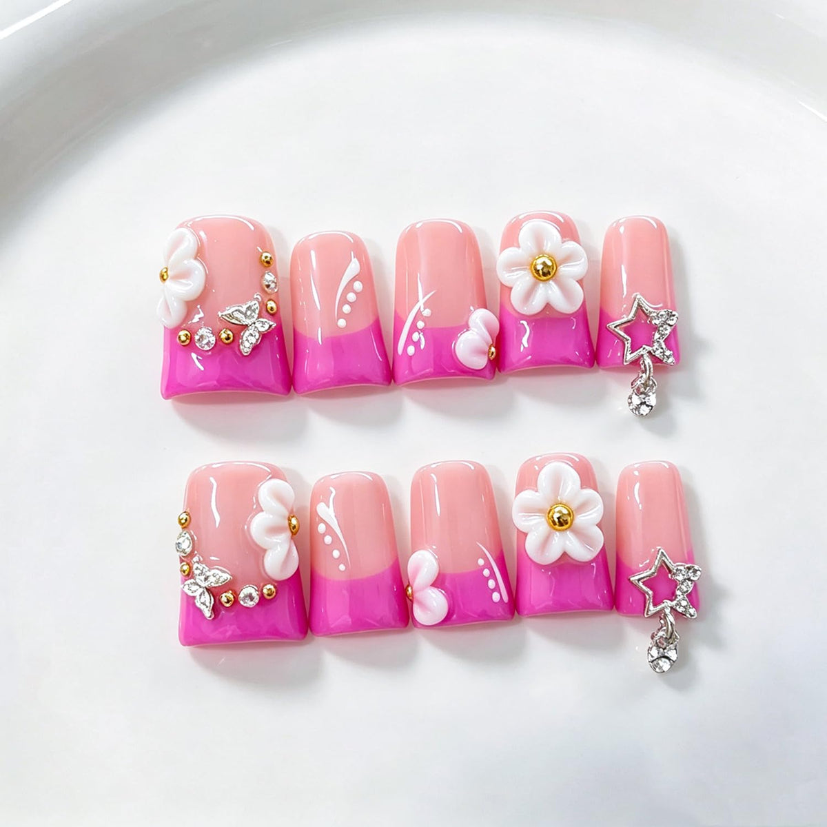 RIICFDD Medium Duck Press on Nails Rhinestone French Handmade Nails(S)