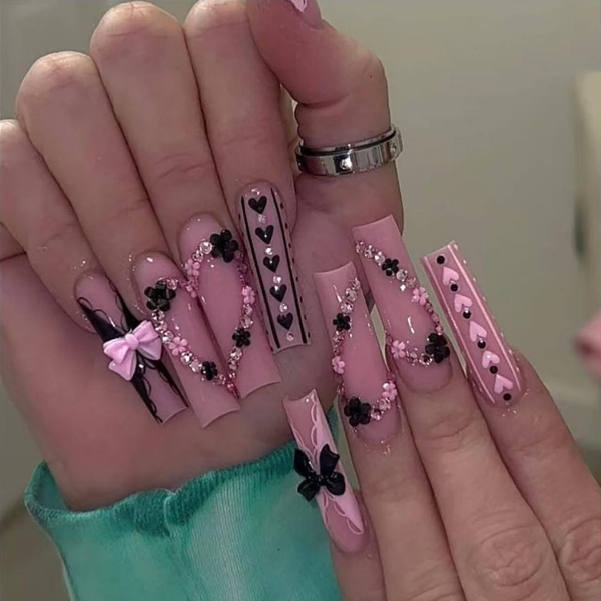 IMSOHOT Luxury Handmade Press on Nails Long Square Fake Nails with 3D Flower Designs Glossy Blue French Tips False Nails Full Cover Acrylic Glue Stick on Nails for Women