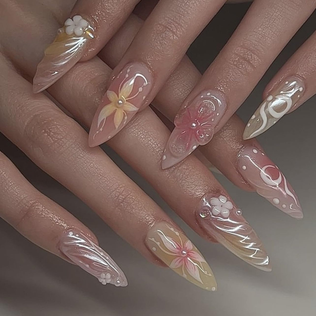 Almond Press on Nails Medium - Fall Fake Nails with Gold Line Design - White Full Cover Stick on False Nails - for Women 24 Pcs