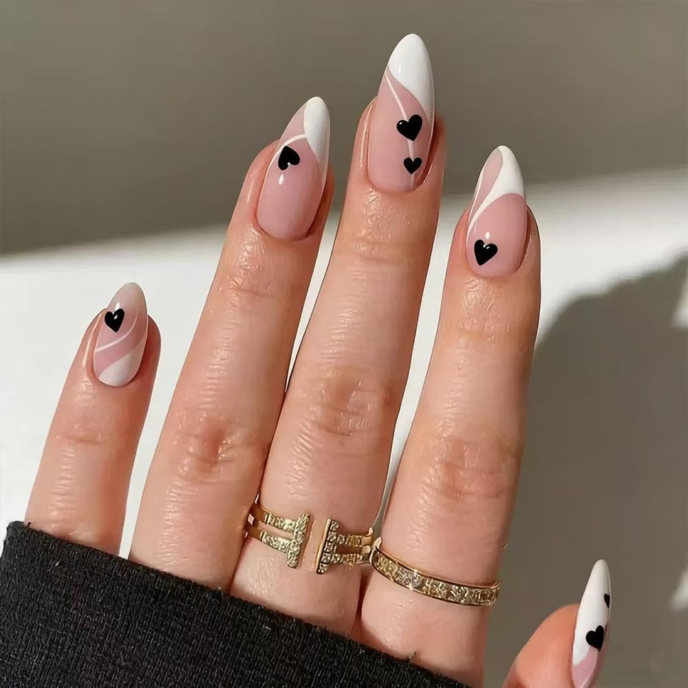 Press On Nails Almond Fake Nails French Tip False Nails Press ons Medium Glue on Nails with Chrome Design for Women Stick on Nail 24Pcs