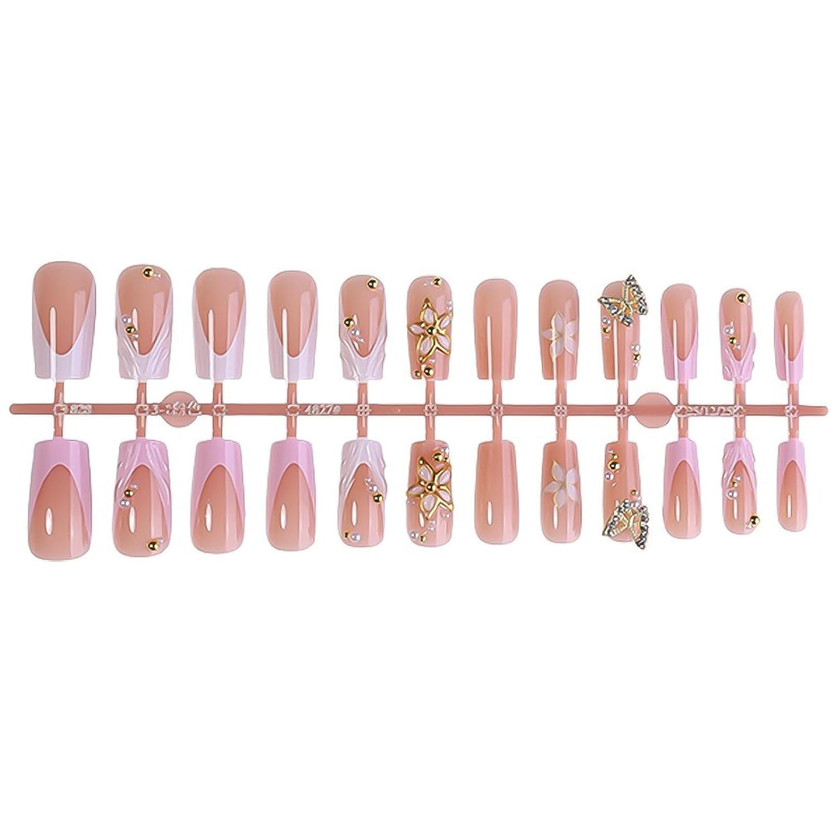 Press on Nails Long Square - 3D Flower Fake Nails with Pearls Design, Luxury Gold Chrome Butterfly French Tip Baroque Baddie False Nails for Women, 24 Pcs