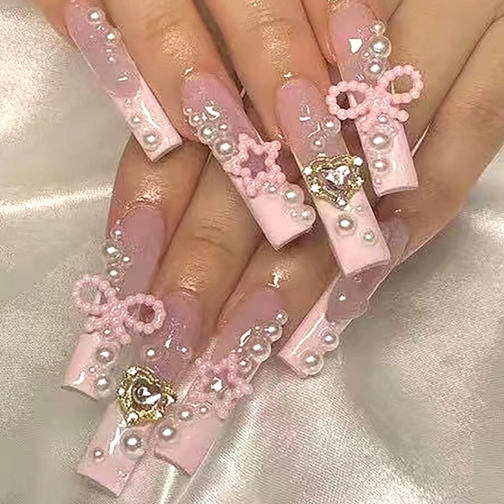 Ombre Pink White Press on Nails Long Square BAOYAALIN, Glitter Fake Nails with Rhinestones Design Gel Glue on Nails for Women Full Cover Acrylic Artificial False Stick on Nail for Wedding 24Pcs