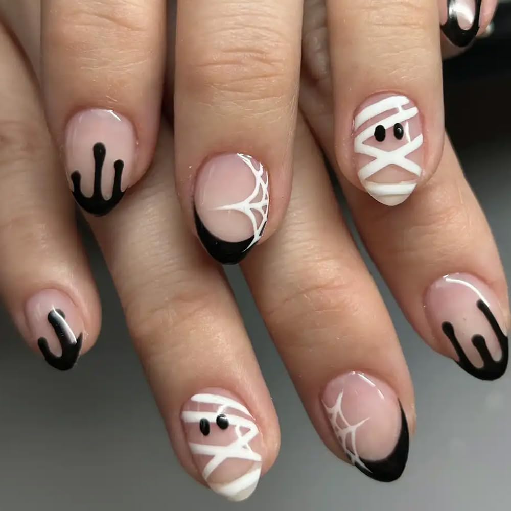 Press On Nails Almond Fake Nails French Tip False Nails Press ons Medium Glue on Nails with Chrome Design for Women Stick on Nail 24Pcs