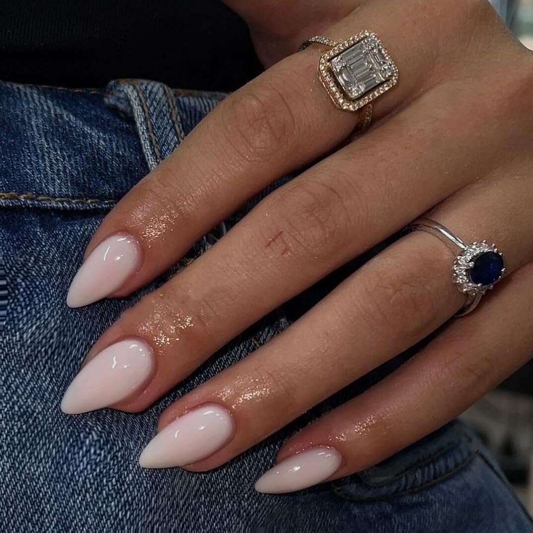 KQueenest Pastel Light Pink Press on Nails Short Oval, Glossy Soft Gel Fake Nails Press on, Round Fake Nails with UV Cover, Thick Acrylic Glue on Nails for Wome Wedding & Everyday 30 Pcs