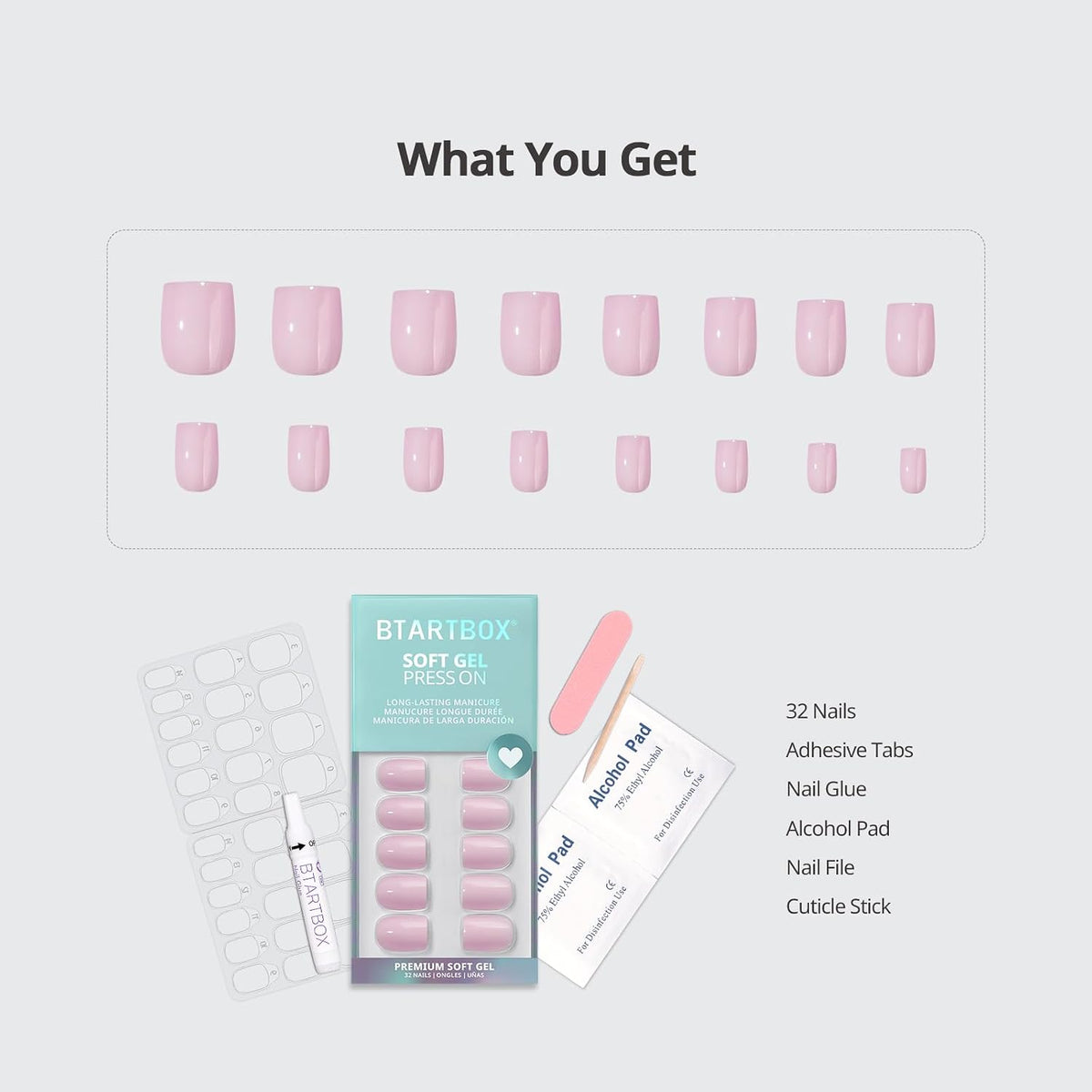 BTArtbox Press On Nails, Short Square Pink Fake Nails, 32Pcs Full Kit
