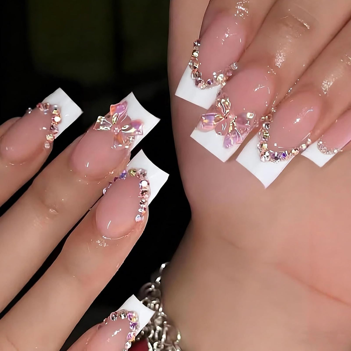 24Pcs Long Square Nude Pink White Nails Press ons Pearl Gold Flower Fake Nails Elegant False Nails Bridal Nails Glue on Luxurious Stick on Nails Casual Work for Girl Women Wedding Formal Occasions