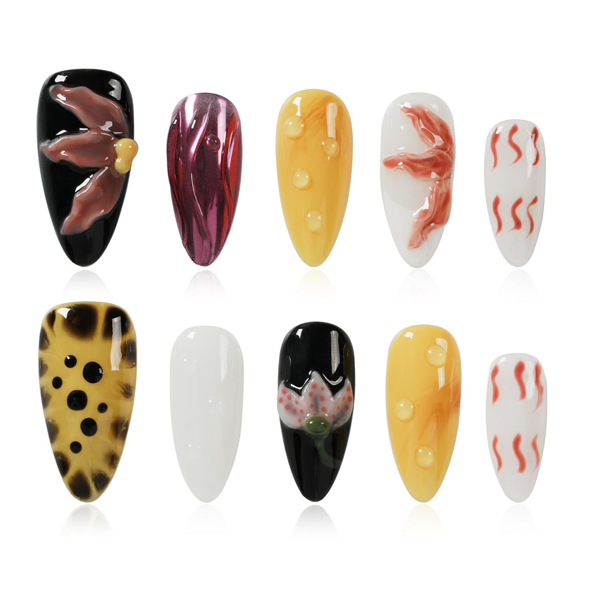 Gothic 3D Floral Press on Nails Medium Almond - Gold Cross & Rhinestone Design, Handmade Pearl Luxury Dark Romantic Reusable Nails (Orange Diamond Sweet Luxury,L)