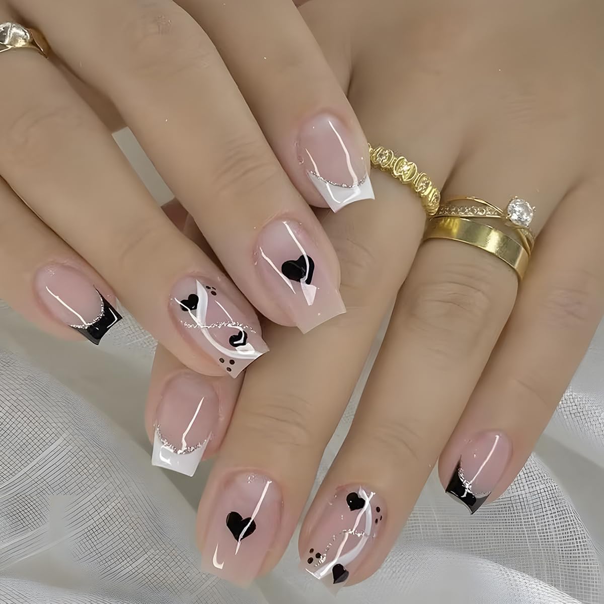 White French Tip Press on Nails Short Fake Nails with Chrome Gold Line Designs French Nails Press ons Nail Tips Stick on Nails Almond Shape Acrylic False Nails Finger Manicure for Women Daily Wear