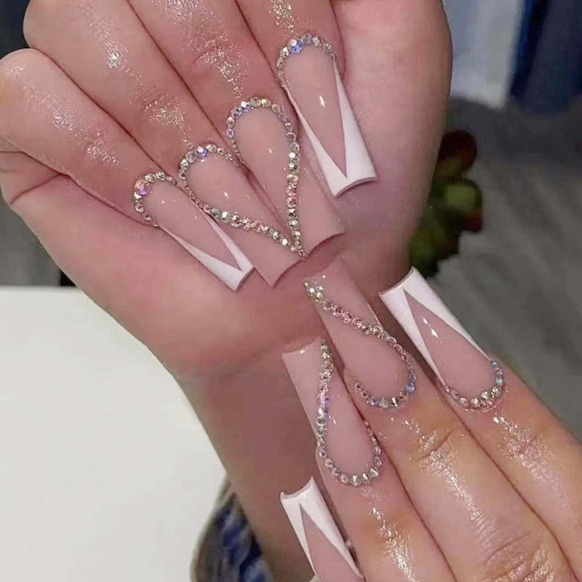 Long Press on Nails Square French Fake Nails Full Cover Nude Acrylic False Nails for Women and Girls 24PCS (Gold Shiny)