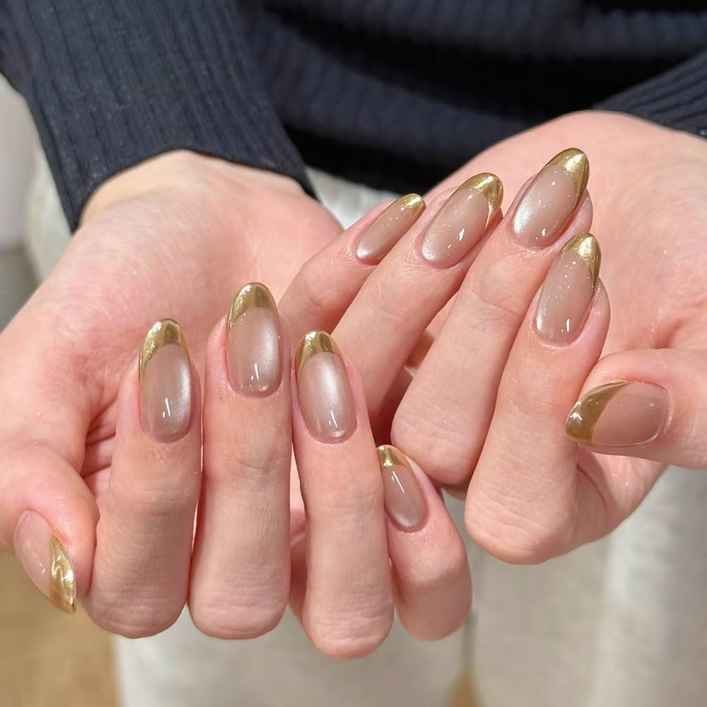 French Tip Press on Nails Medium Almond Fake Nails White Pearl False Nail Tips Summer Wedding Acrylic Nails Glossy Beach Glue on Nails Reusable Cute Stick on Nails for Women Manicure