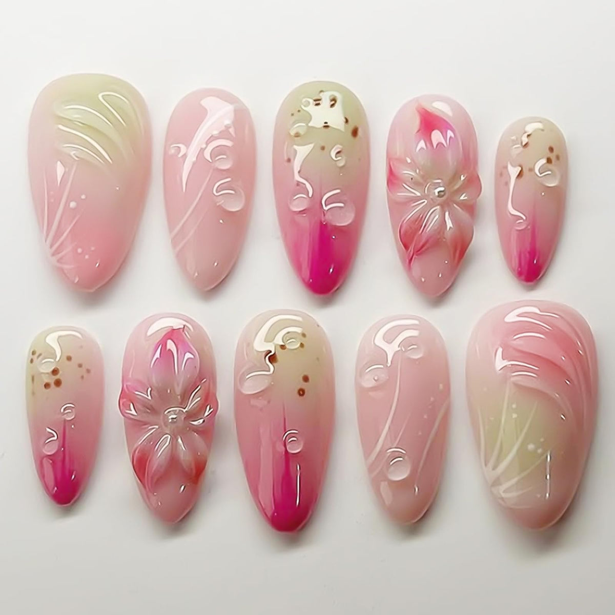 Press on Nails Medium Almond - 3D Red Hibiscus Flower Olive Green Fake Nails, Jade Agate Retro Stick on False Nails for Women & Girls, 30 Pcs