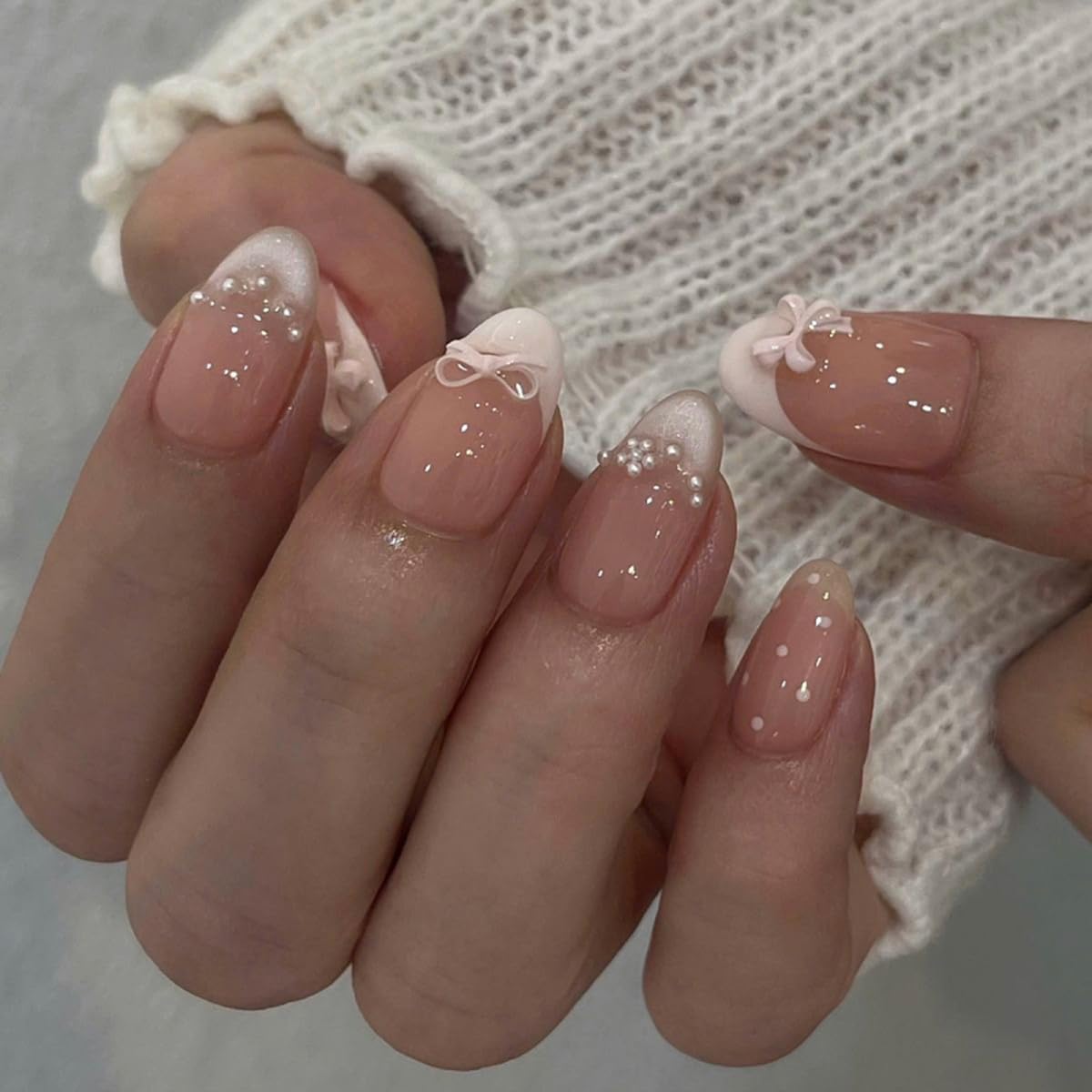 Medium Almond Press on Nails - White French Tip with 3D Flower Rhinestones