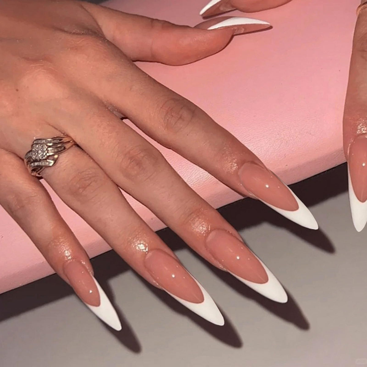 IMRAIN Long Press on Nails Stiletto Pink Fake Nails Rhinestone & Flower Designs Glossy Glue on Acrylic Nails Full Cover Luxury Bling Handmade Stick on False Nails for Women 24Pcs