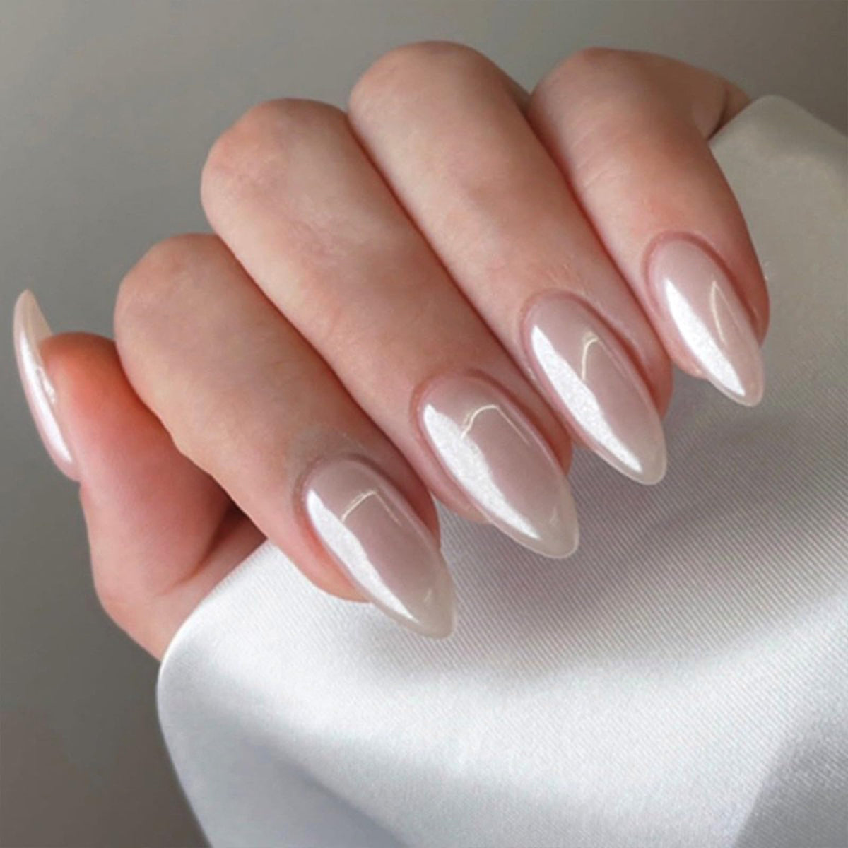 Press On Nails Almond Fake Nails French Tip False Nails Press ons Medium Glue on Nails with Chrome Design for Women Stick on Nail 24Pcs
