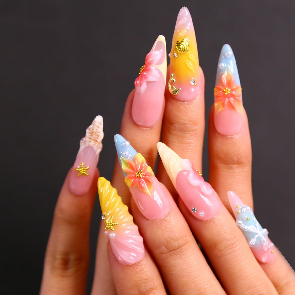 Press on Nails, Handmade Medium Almond Fake Nails, 3D Art False Fingernails with Design Full Cover Fake Nail, Glossy Acrylic Stick on Nails Artificial Nails for Women Manicure 10 Pcs (L)