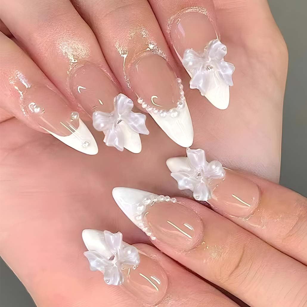 Foccna Press on Nails French Medium, Pearl White Fake Nails Almond Acrylic False Nails,Artificial Glue on Nails for Women 24pcs