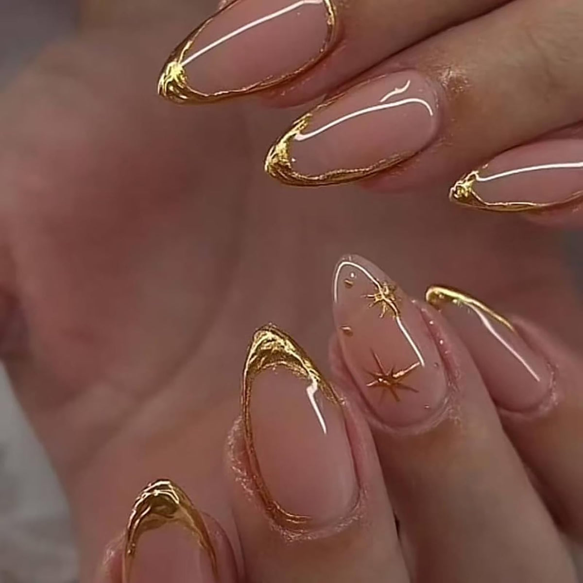 Handmade Almond Press on Nails Medium, Nude White French Tip Fake Nails with 3D White Flower Gold Metal Lines Pearl Decor, Glossy Reusable Full Cover False Nails for Women Wedding Daily(S)