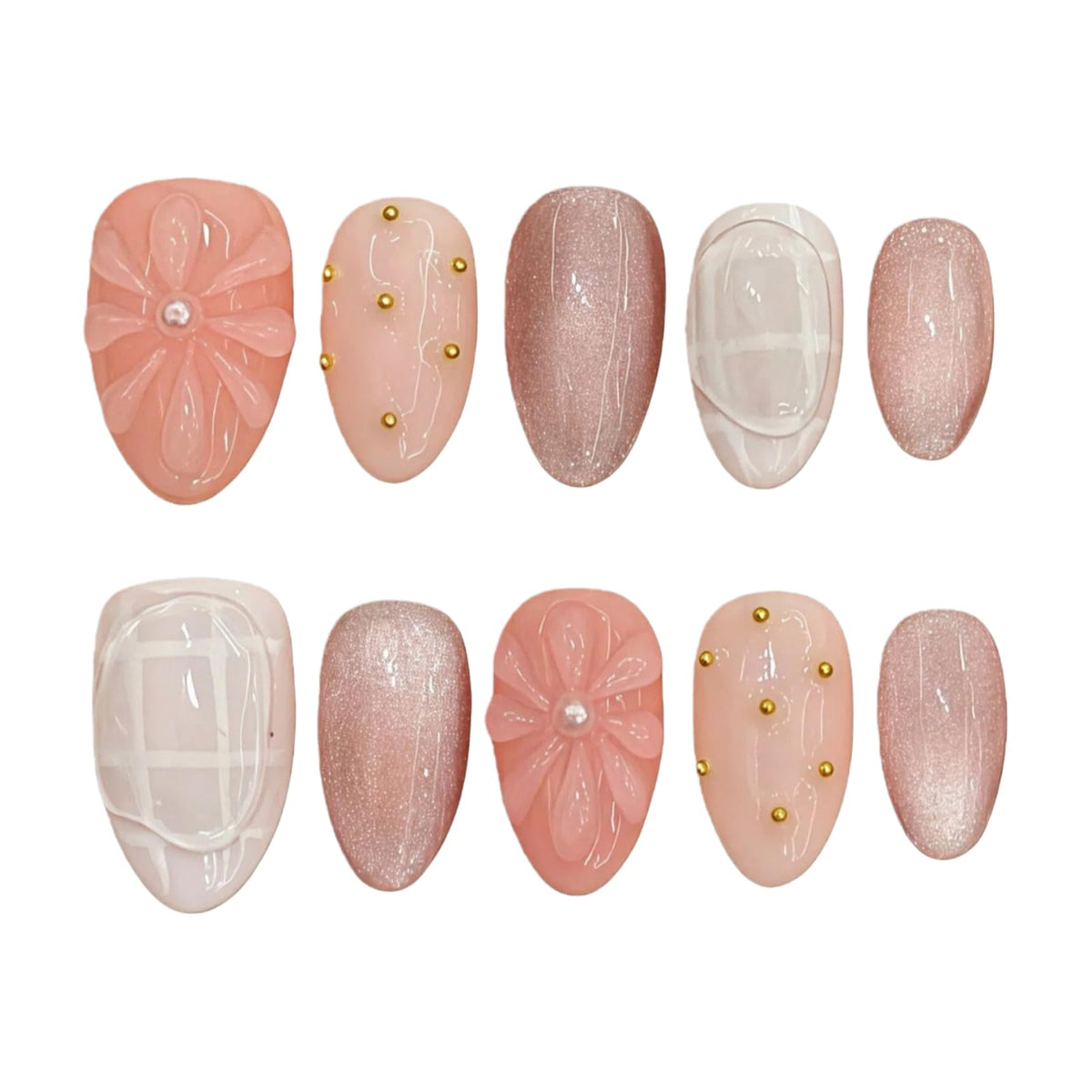 Gothic 3D Floral Press on Nails Medium Almond - Gold Cross & Rhinestone Design, Handmade Pearl Luxury Dark Romantic Reusable Nails (Orange Diamond Sweet Luxury,L)