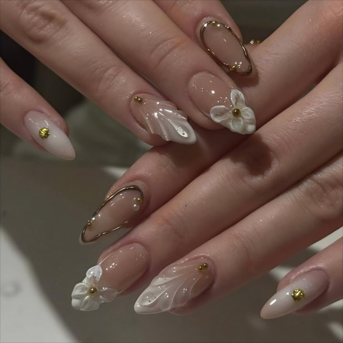 3D Handmade Pink Flower Press on Nails Blue French Tip Almond Fake Nails with Gold Metal Charms Luxury Reusable Full Cover Pink Acrylic Nails Press on for Women 24Pcs