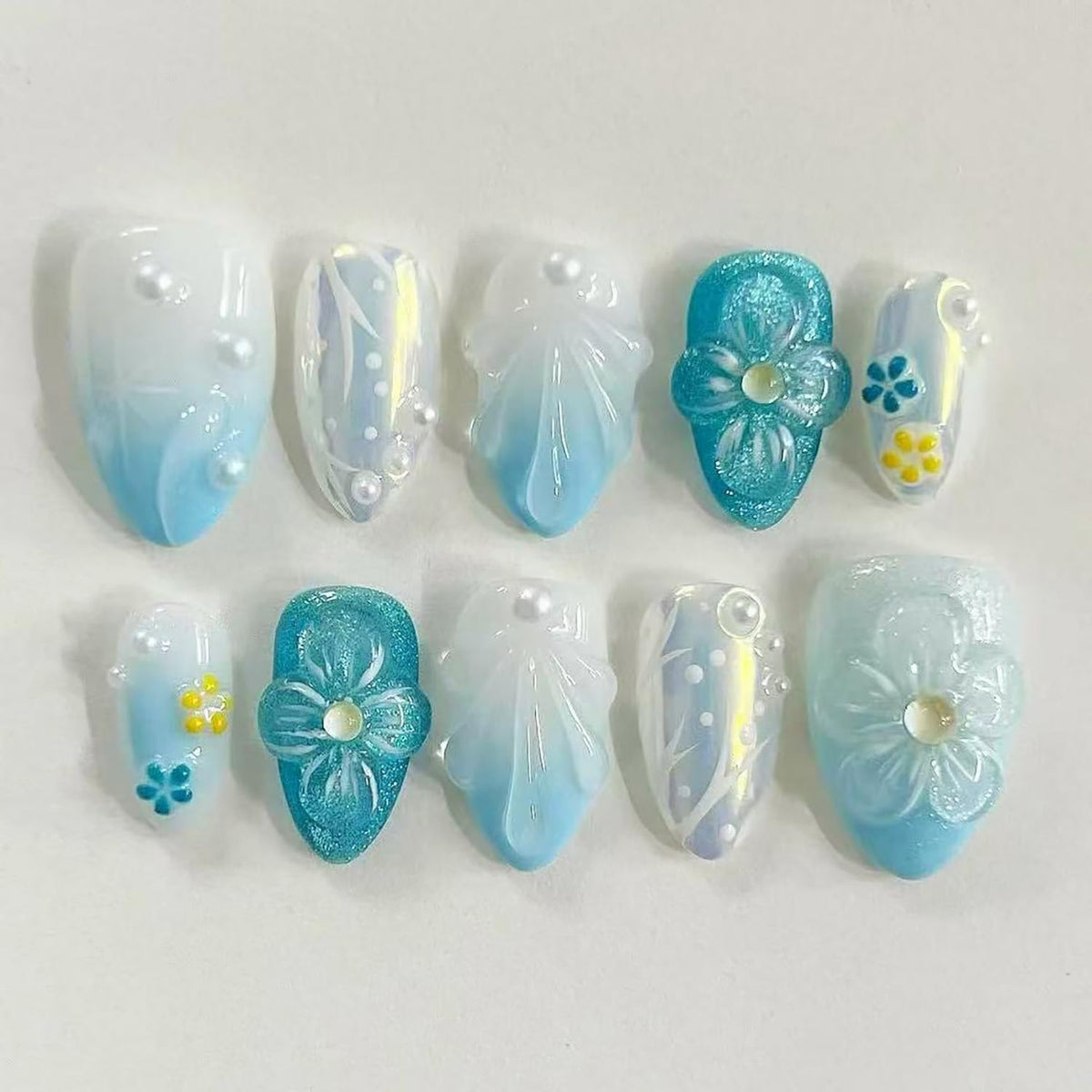 24Pcs White French Tip Press on Nails Medium Almond Fake Nails with Silver Rhinestones with Nude Pink Full Cover Glue on Nails French Designs 3D Flower False Nails Cute Spring Stick on Nails for Women