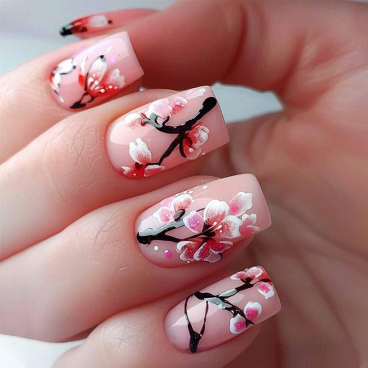 Green Press on Nails Medium Almond Fake Nails with 3D Pearl Rhinestones Designs Gold French Tips Flower Acrylic Nails False Nails White Floral Full Cover Glossy Stick on Nails for Women 24Pcs